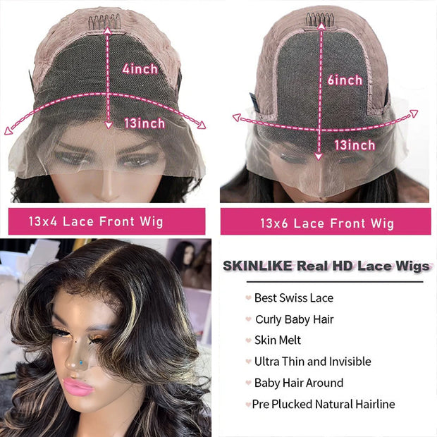 4c Edges Hairline 1B/27 Highlight Body Wave & Straight Human Hair Lace Wig Kinky Culry Edges HD Lace Front Wig 180% Density