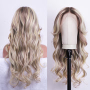 Curtain Bangs Ash Blonde Balayage with Dark Brown Roots Ombre Wig HD Lace Body Wave Human Hair Wigs