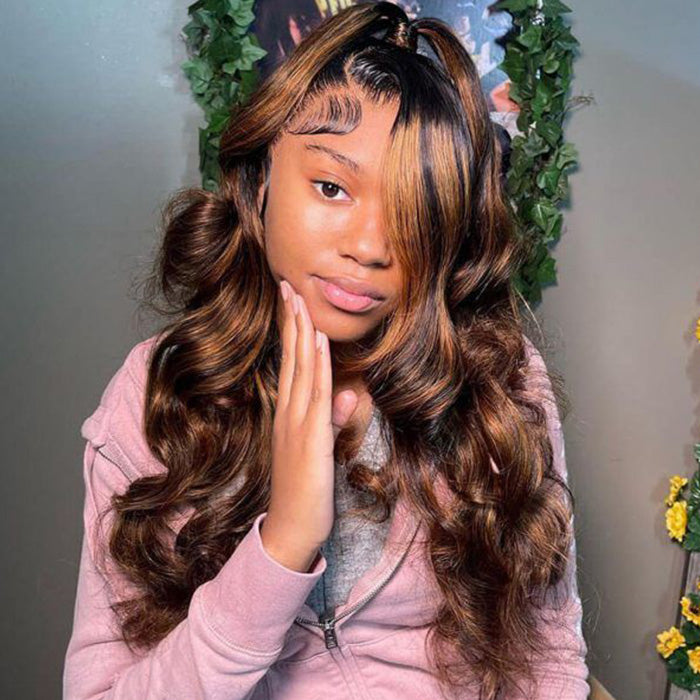 Bye-Bye Knots Wear Go Highlights Ombre Brown 8x5 Pre Cut HD Lace Straight/Body Wave Glueless Wigs 180% Density