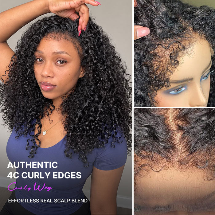 4C Curly Edges Lace Frontal Wig Invisible HD Lace Curly Human Hair Wig With Natural Baby Hairline 220%