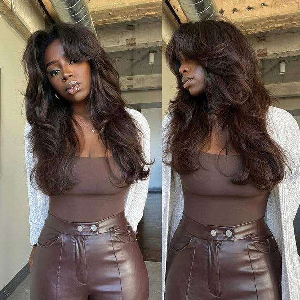 Curtain Bangs 13x4 HD Lace Body Wave Glueless Wig Butterfly Hair Cut Chestnut Brown Lace Wig