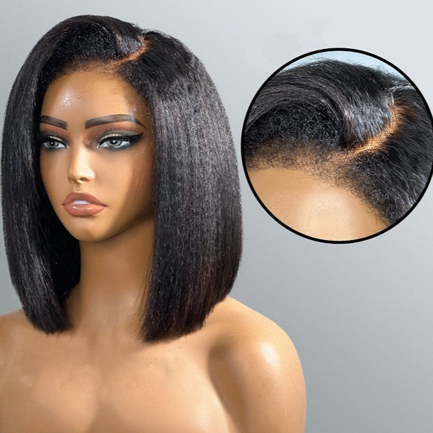 4C Edge Hairline丨Short Bob Kinky Straight 13x4 HD Lace Front Wig with Curly Edges Baby Hair Wigs