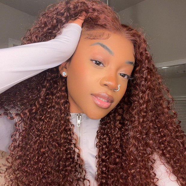 Pre-All Everything Lace Wig 8x5 Reddish Brown Curly Hair Pre Cut Pre Bleached Glueless Wig