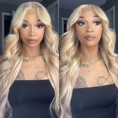 Curtain Bangs Blonde Hair With Highlights Wig Straight / Body Wave Human Hair Wigs