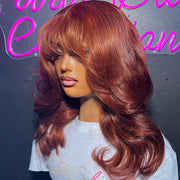 Reddish Brown Body Wave Wig With Layered Bangs Glueless Human Hair Wig Easy to Wear