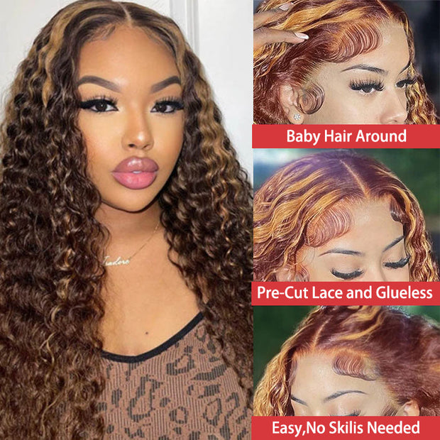 Pre-Plucked Wear Go Glueless 8x5 HD Lace Highlight Deep Wave Pre-Cut Lace Wig