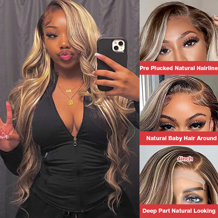 P4/613 Brown Wig With Blonde Highlights Straight & Body Wave HD Lace Front Wig Human Hair Wigs