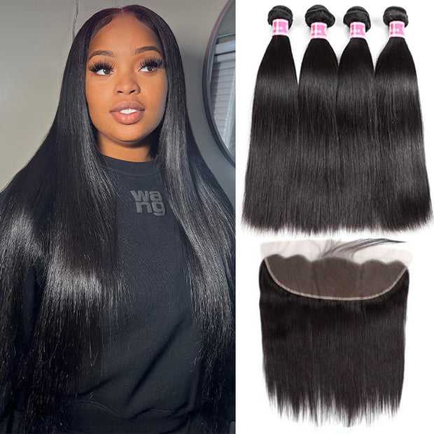 Brazilian Straight Hair 4 Bundles With Frontal 8A Grade Natural Color Hair Weaves