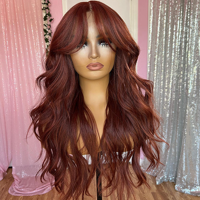 Curtain Bangs Copper Brown  Body Wave Human Hair Wig 13x4/5x5 HD Lace Closure Human Hair Wig