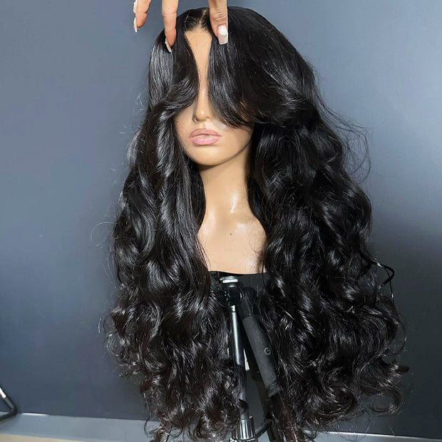 250% Curtain Bangs Loose Body Wave Lace Front Wigs Pre Bleached Bouncy And Full HD Lace Human Hair Wig