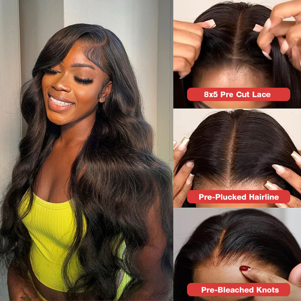 Pre All Everything Bye-Bye Knots Glueless Wig 8x5 Pre Cut HD Lace Body Wave Human Hair Wigs With Pre Plucked Hairline