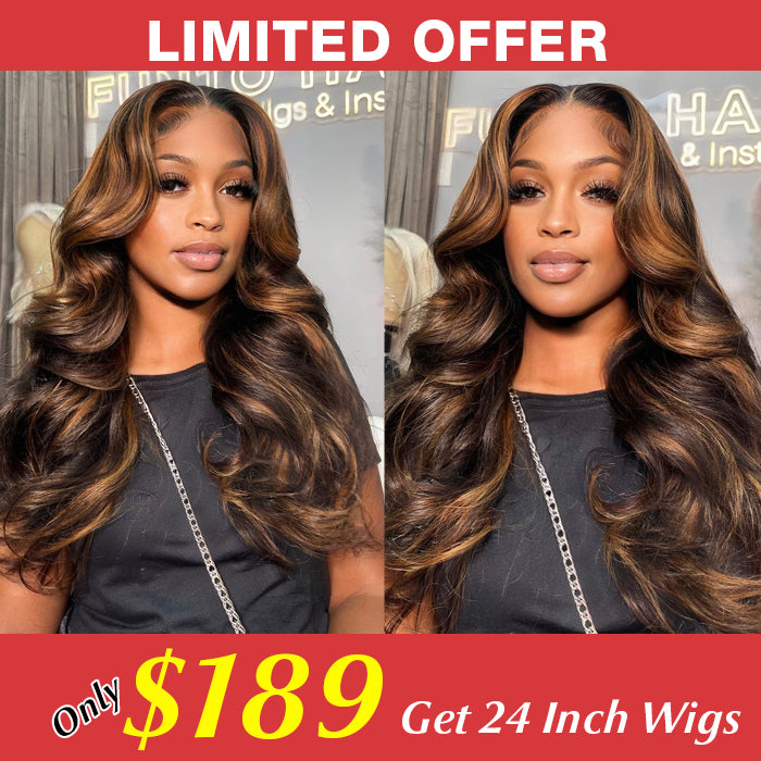 $189=24" Ombre Highlight Body Wave 13x4 Lace Front Glueless Human Hair Wig