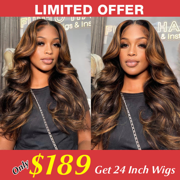$189=24 Inches Ombre Highlight Body Wave 13x4 Lace Front Glueless Human Hair Wig