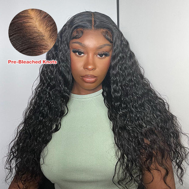 Pull Go 13X4 Pre Cut HD Lace Glueless Water Wave Wig Human Hair Wigs With Hidden Drawstring Pre Bleached Knots For Black Women