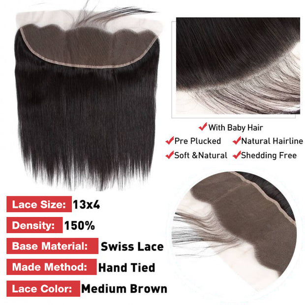 Brazilian Straight Hair 4 Bundles With Frontal 8A Grade Natural Color Hair Weaves