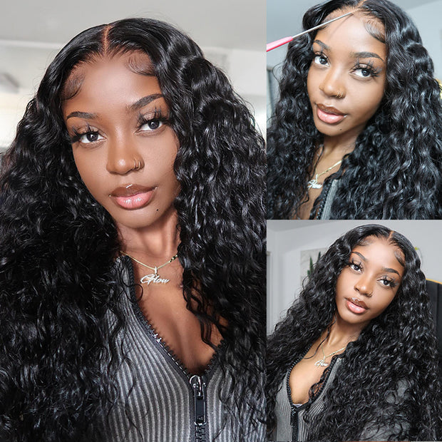 Pull Go 13X4 Pre Cut HD Lace Glueless Water Wave Wig Human Hair Wigs With Hidden Drawstring Pre Bleached Knots For Black Women