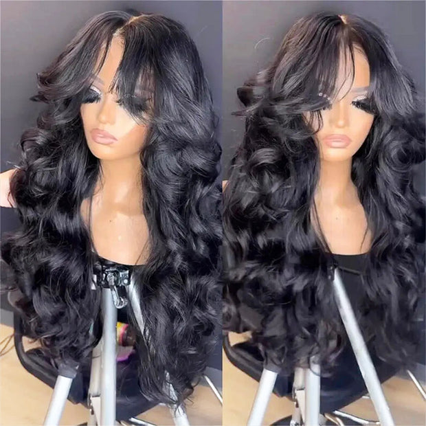 250% Curtain Bangs Loose Body Wave Lace Front Wigs Pre Bleached Bouncy And Full HD Lace Human Hair Wig