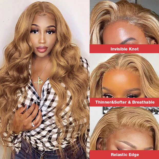 #27 Color Honey Blonde Body Wave 13x4 HD Lace Front Wig Ombre Human Hair Wigs