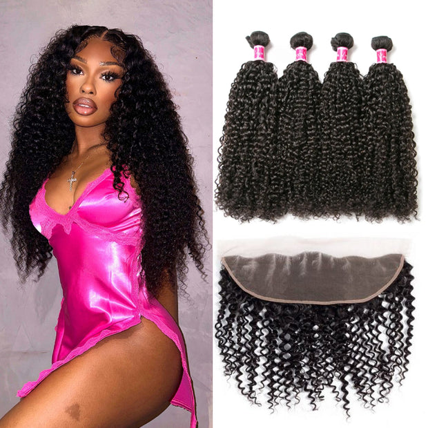 Brazilian Kinky Curly Hair 4 Bundles With Lace Frontal 100% Virgin Human Hair Weaves