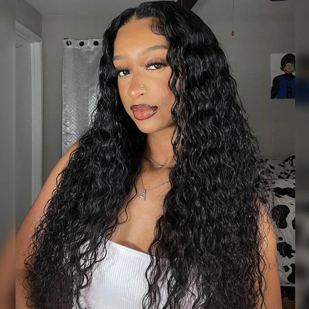 Pull Go 13X4 Pre Cut HD Lace Glueless Water Wave Wig Human Hair Wigs With Hidden Drawstring Pre Bleached Knots For Black Women