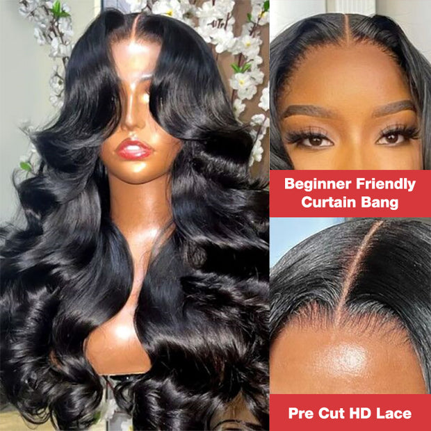 Curtain Bangs Pre Cut HD Lace Wig Butterfly Cut Body Wave Wear & Go Glueless Human Hair Wigs with Adjustable Strap