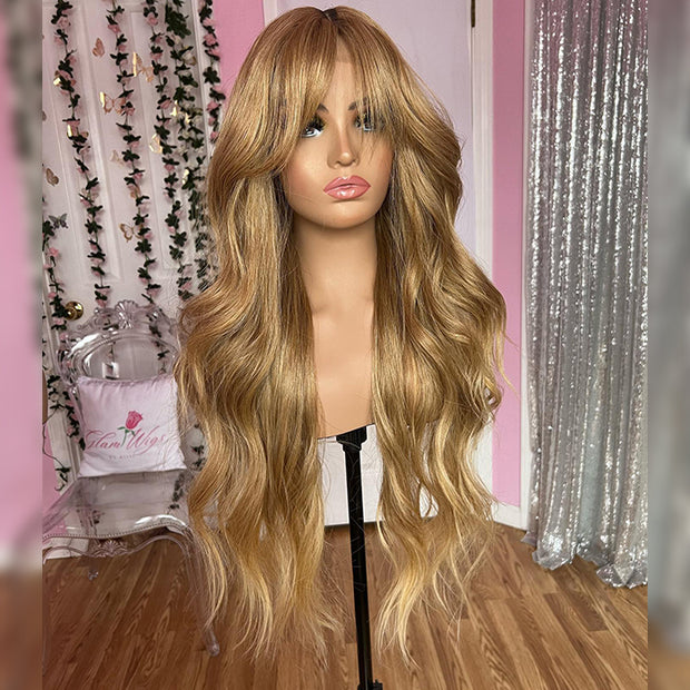 Curtain Bangs Honey Blonde Body Wave Human Hair Wig 13x4/5x5 HD Lace Closure Human Hair Wig