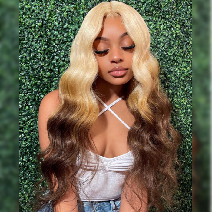 #613/4 Blonde 613 Roots With Brown Color Ends 13x4/13x6 HD Lace Wig Colored Body Wave Human Hair Wig