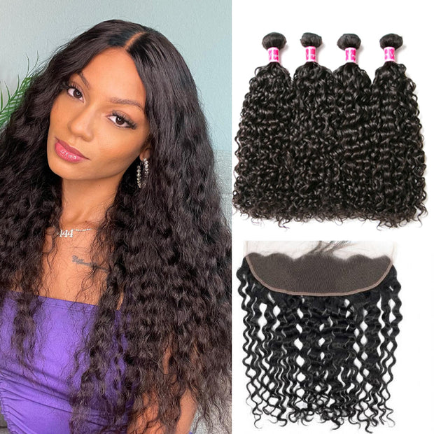 Brazilian Water Wave 4 Bundles With 13x4 Lace Frontal Closure 8A Grade Natural Color Hair Weaves