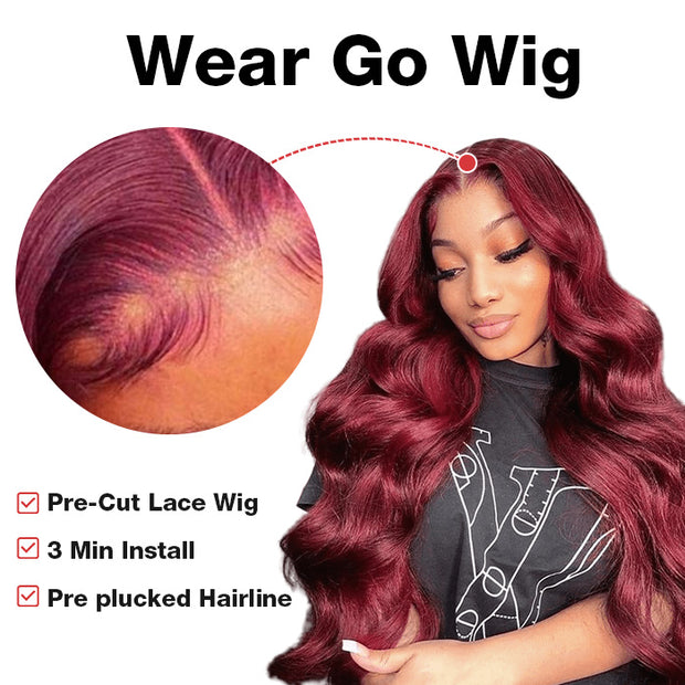 Burgundy Pre Cut HD Lace Wear & Go Red Body Wave Lace Front Human hair wigs 4x4 Realistic Transparent Glueless Human Hair  Wig