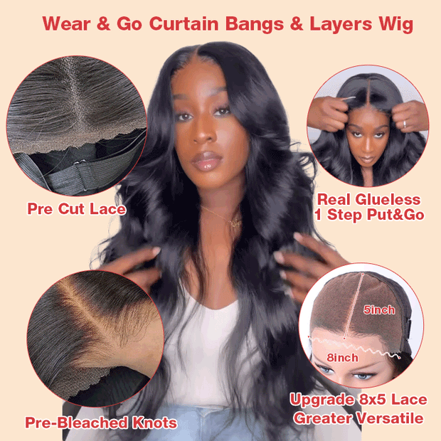 Curtain Bangs Pre Cut HD Lace Wig Butterfly Cut Body Wave Wear & Go Gl