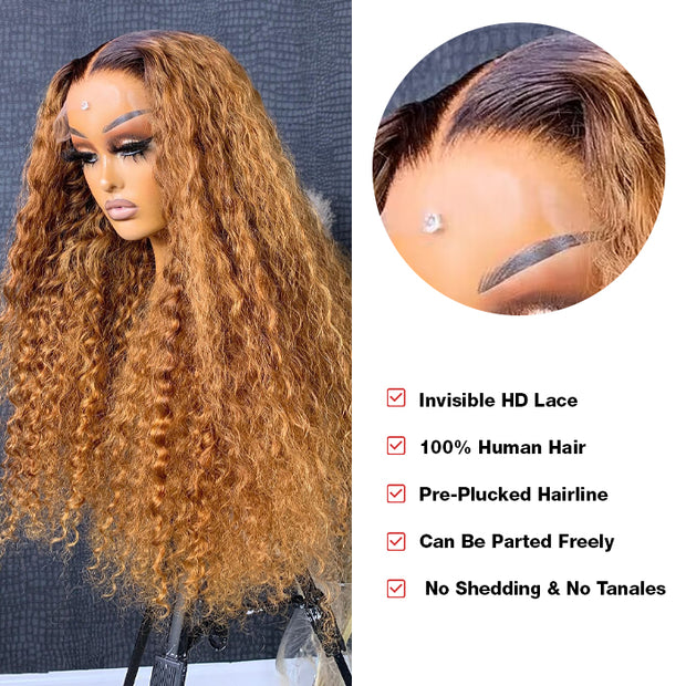 Deep Wave Ombre Honey Blonde Wig With Dark Roots Pre-Cut HD Lace Wear And Go Wig