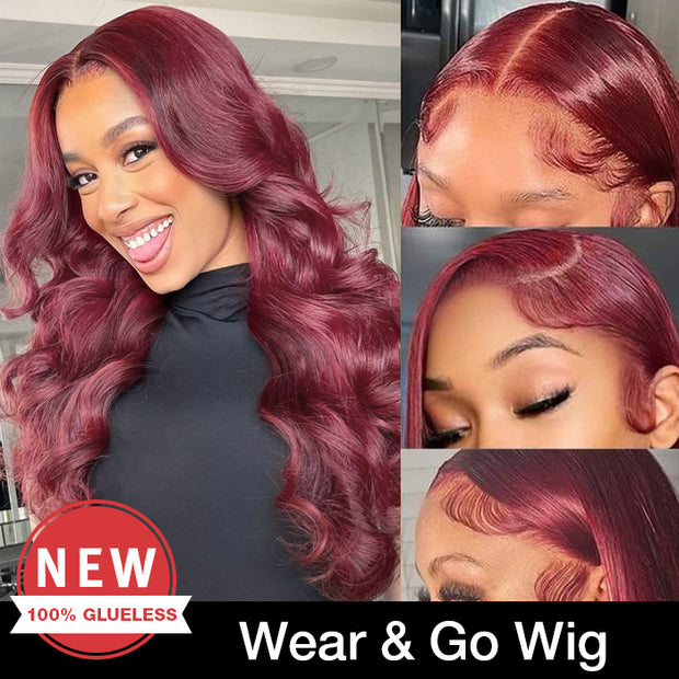 Burgundy Pre Cut HD Lace Wear & Go Red Body Wave Lace Front Human hair wigs 4x4 Realistic Transparent Glueless Human Hair  Wig