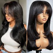 Curtain Bangs Pre Cut HD Lace Wig Butterfly Cut Straight Wear & Go Glueless Human Hair Wigs with Adjustable Strap