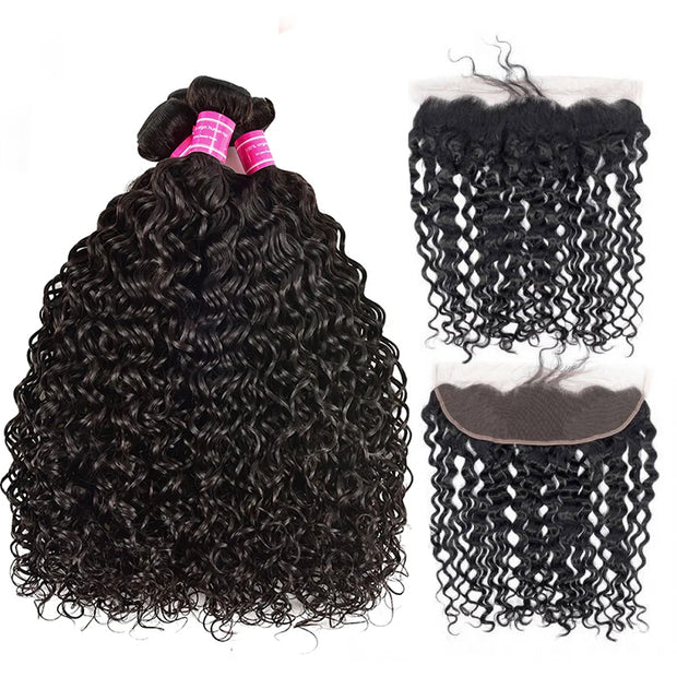 Brazilian Water Wave 4 Bundles With 13x4 Lace Frontal Closure 8A Grade Natural Color Hair Weaves