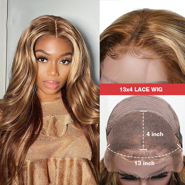 Piano Highlight 13x4 HD Lace Front Body Wave Honey Blonde 180% Density Human Hair Lace Frontal Wig