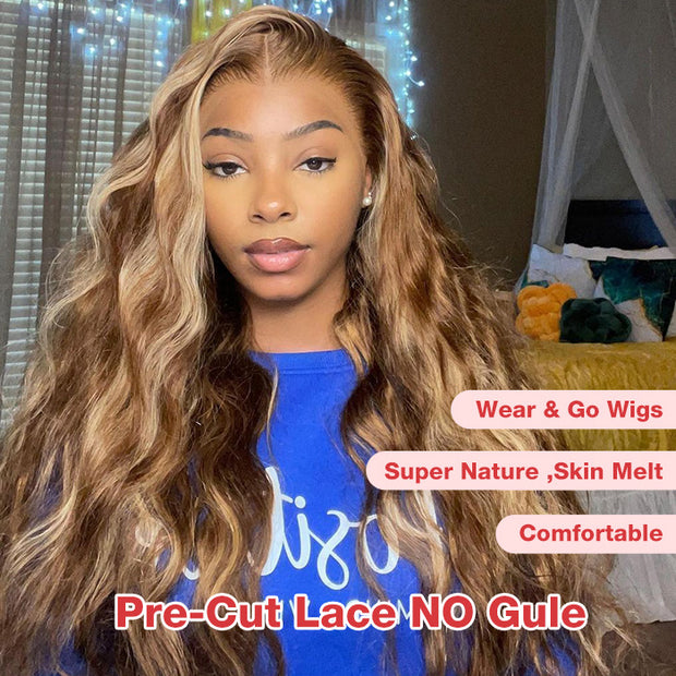 7x5 HD Lace Wear & Go TL412 Honey Blonde Highlight Body Wave 4x4  Pre-Cut Glueless Lace Closure Wig