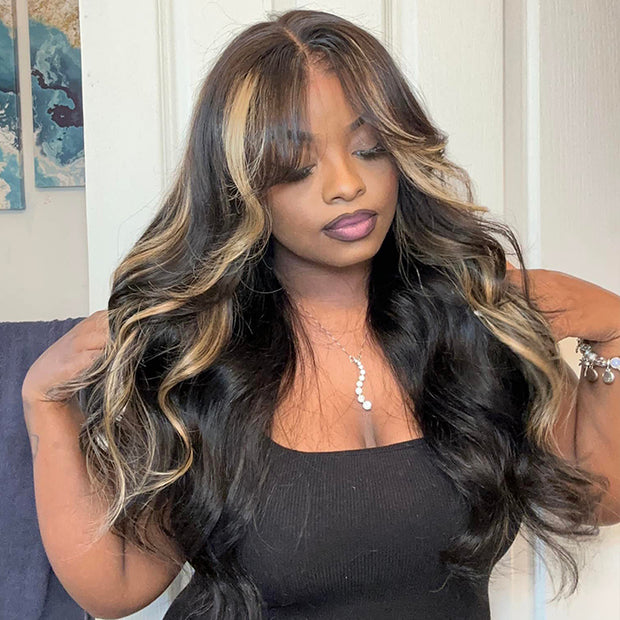 Glueless Curtain Bangs Body Wave Pre Cut HD Lace Wig Butterfly Hair Cut Highlight Honey Blonde Wig