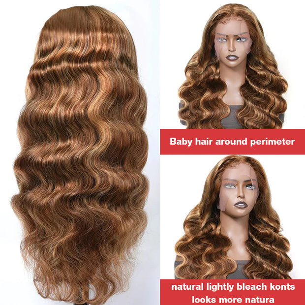 Piano Highlight 13x4 HD Lace Front Body Wave Honey Blonde 180% Density Human Hair Lace Frontal Wig