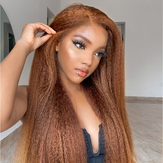 Kinky Edges Hairline丨#4 Chocolate Brown Colored Kinky Straight Human Hair Lace Wig Effortless Kinky Culry Edges 13X4 Undetectable HD Lace Front Wig