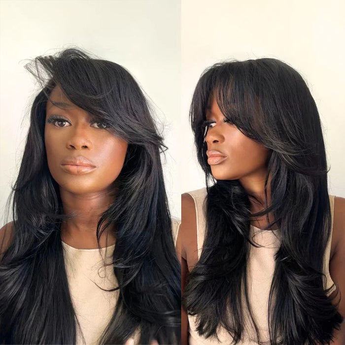 Curtain Bangs Max Parting 8X5 Pre Cut HD Lace Closure Wig Butterfly Layered Cut Straight Wear & Go Glueless Human Hair Wigs