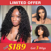3 Wigs=$189|20” Curly Wear Go V Part Wig +10” Straight 4x4 Lace Bob Wig+10” Deep Wave Bob Wig With Bangs