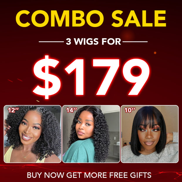 3 Wigs=$179| 12 Inches V Part Curly Wig +14 Inch 4X4 Lace Water Wave Wig + 10 Inches Machine Made Straight BOB With Bangs
