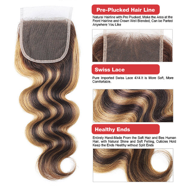 Highlight Body Wave Human Hair 3 Bundles with 4x4 Lace Closure P4/27