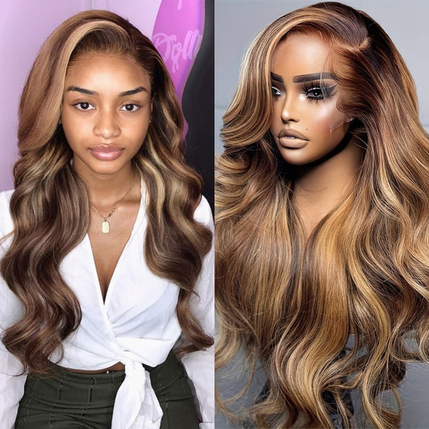 4/27 Highlight Ombre Wig Body Wave Remy Human Hair Lace Front Wigs For Women