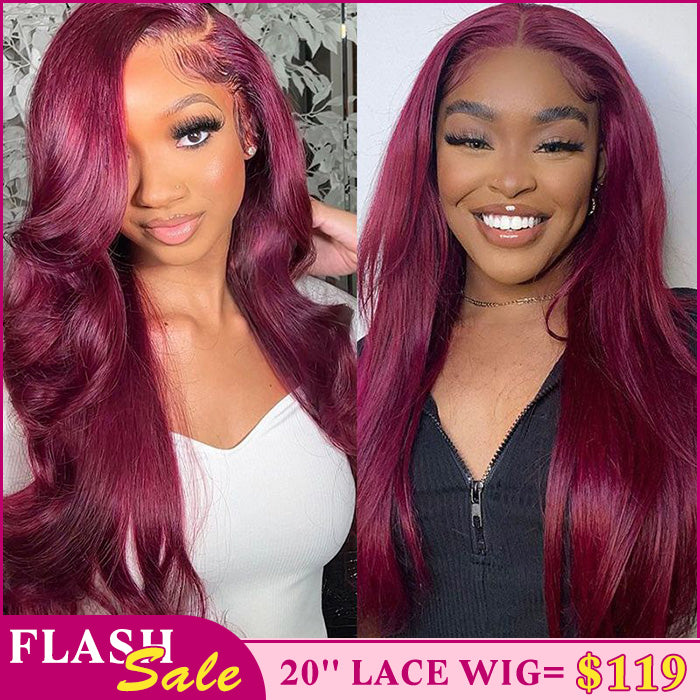 Hot Burgundy Color HD Lace Frontal Wigs 99J Colored Pre-Plucked Remy Human Hair Wigs 180% Density