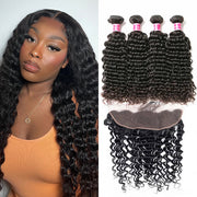 Brazilian Hair 4 Bundles With Lace Frontal Deep Wave 8A Grade Natural Color Hair Weaves