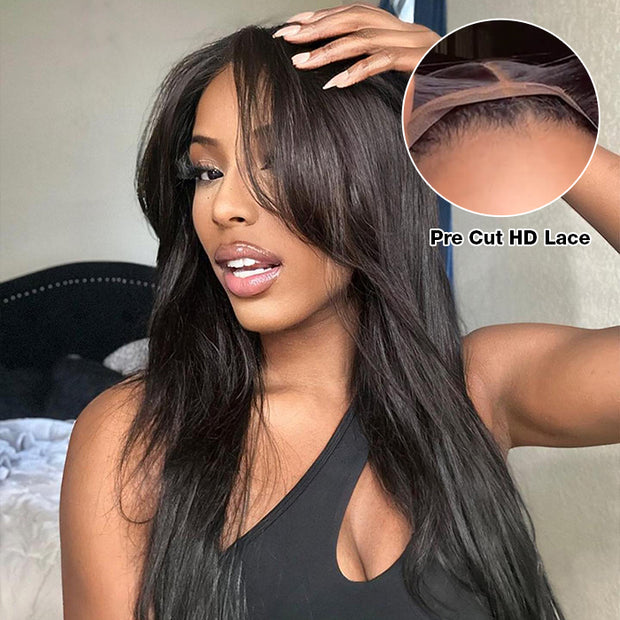 Curtain Bangs Pre Cut HD Lace Wig Butterfly Cut Straight Wear & Go Glueless Human Hair Wigs with Adjustable Strap