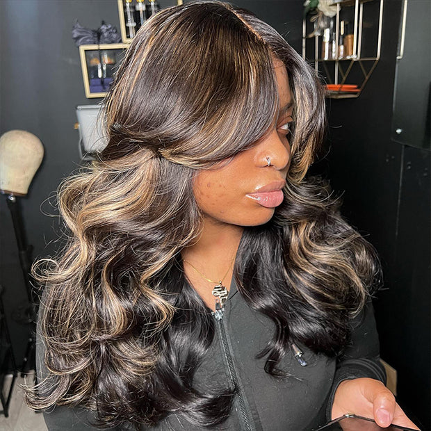 Glueless Curtain Bangs Body Wave Pre Cut HD Lace Wig Butterfly Hair Cut Highlight Honey Blonde Wig