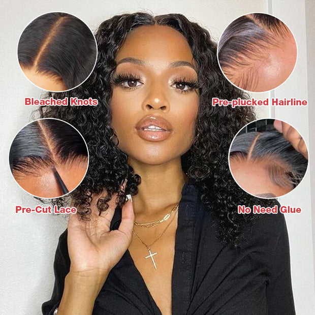 Wear & Go Bob Wig Curly 4x4 Pre Cut HD Lace Closure Glueless Human Hair Wigs Beginner Friendly