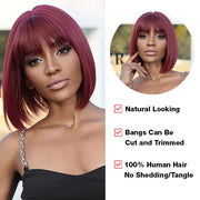 99j Burgundy Red Colored Full Machine Made Wig Straight Human Hair Wig With Bangs